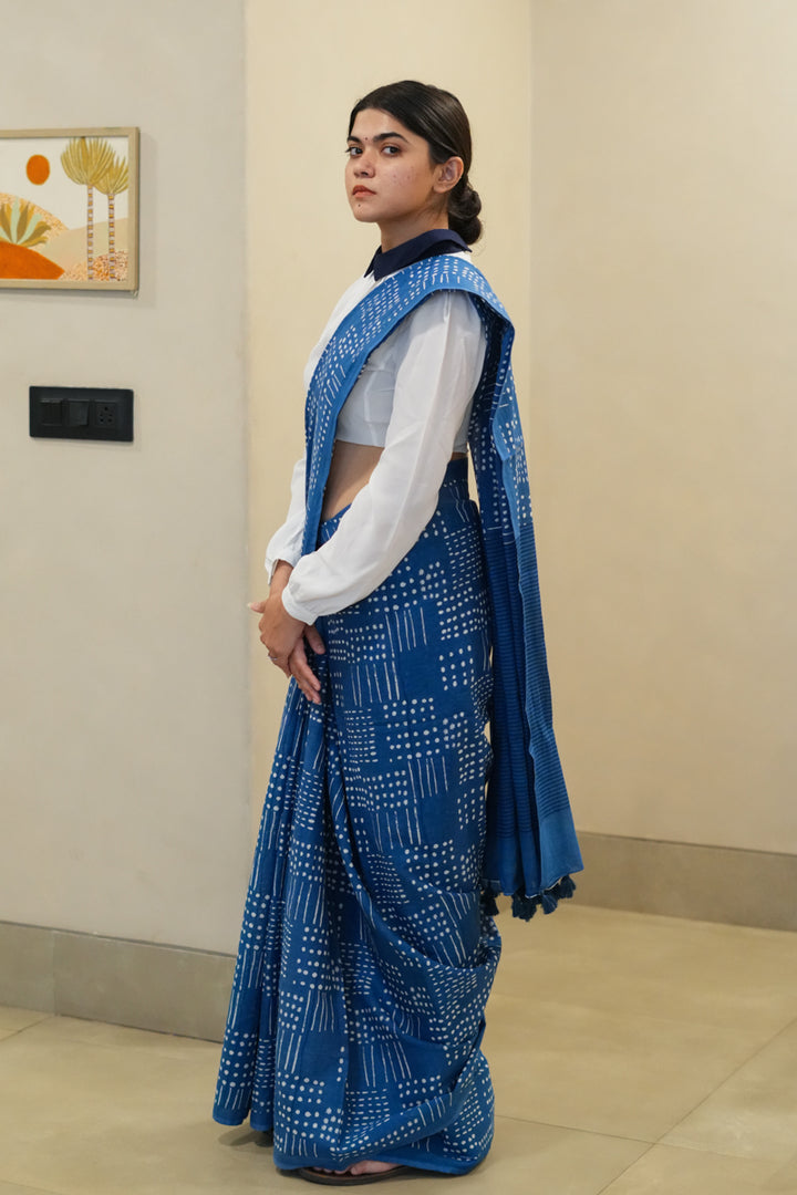 Murmurs in Blue Printed Mulmul Cotton Saree