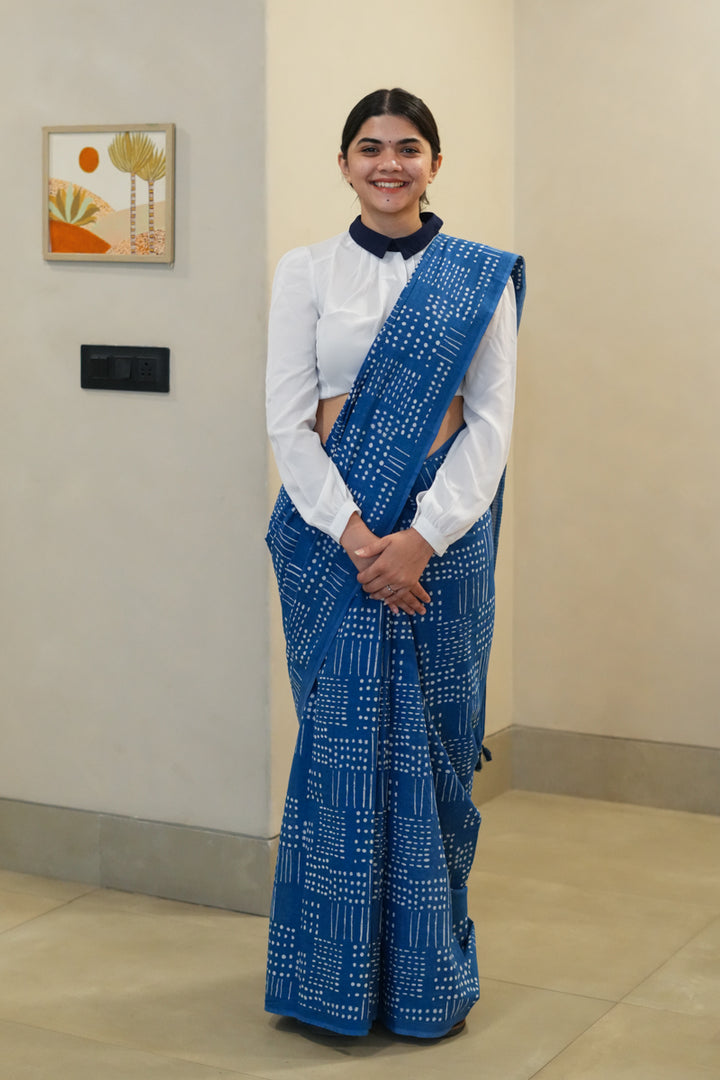 Murmurs in Blue Printed Mulmul Cotton Saree
