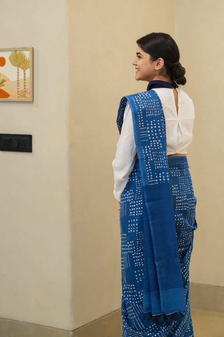 Murmurs in Blue Printed Mulmul Cotton Saree