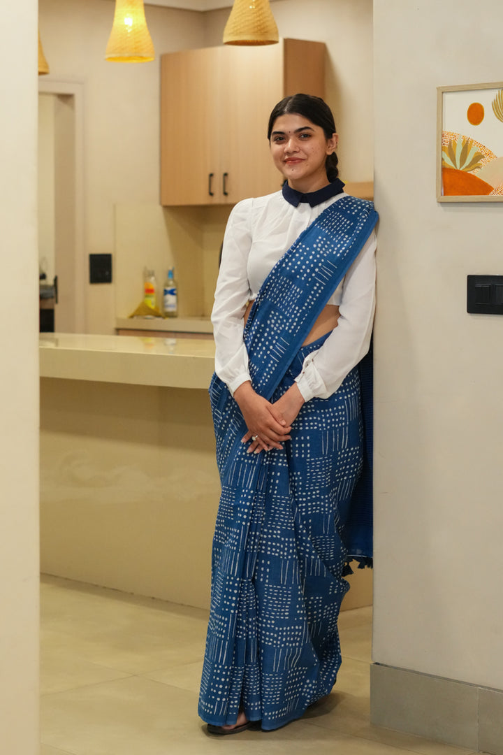 Murmurs in Blue Printed Mulmul Cotton Saree