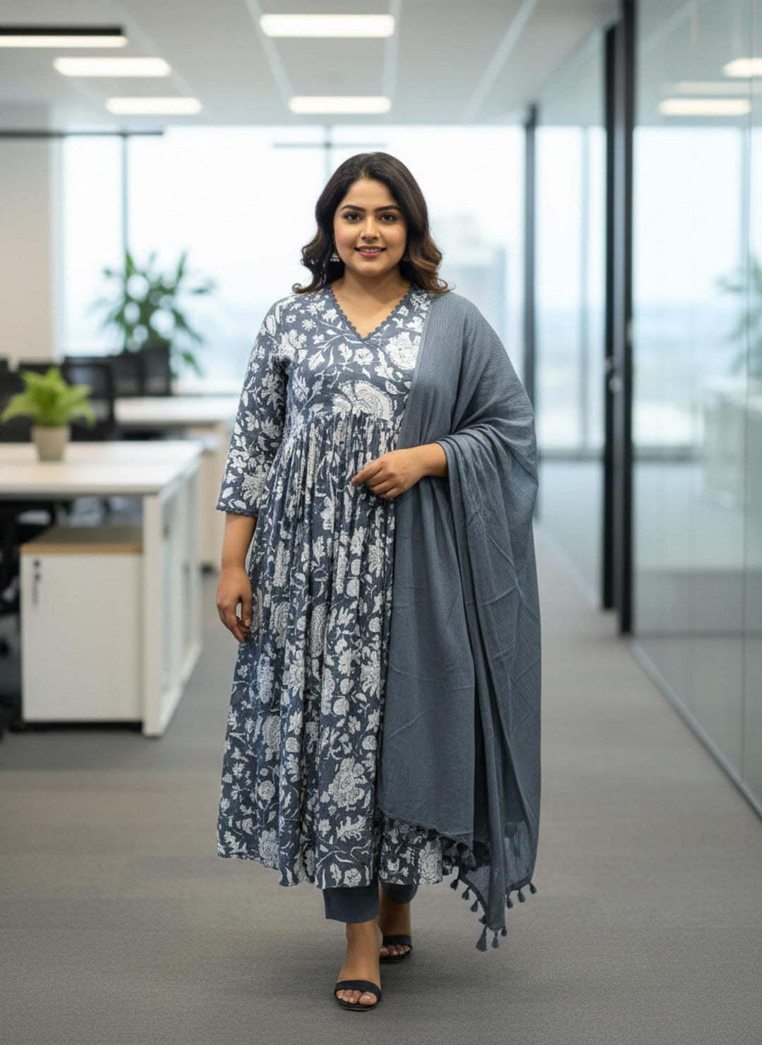 Nayra Grey Floral Cotton Dupatta, Pant and Kurta Set