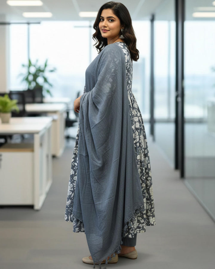 Nayra Grey Floral Cotton Dupatta, Pant and Kurta Set
