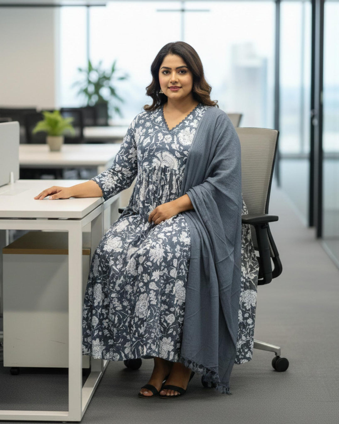 Nayra Grey Floral Cotton Dupatta, Pant and Kurta Set