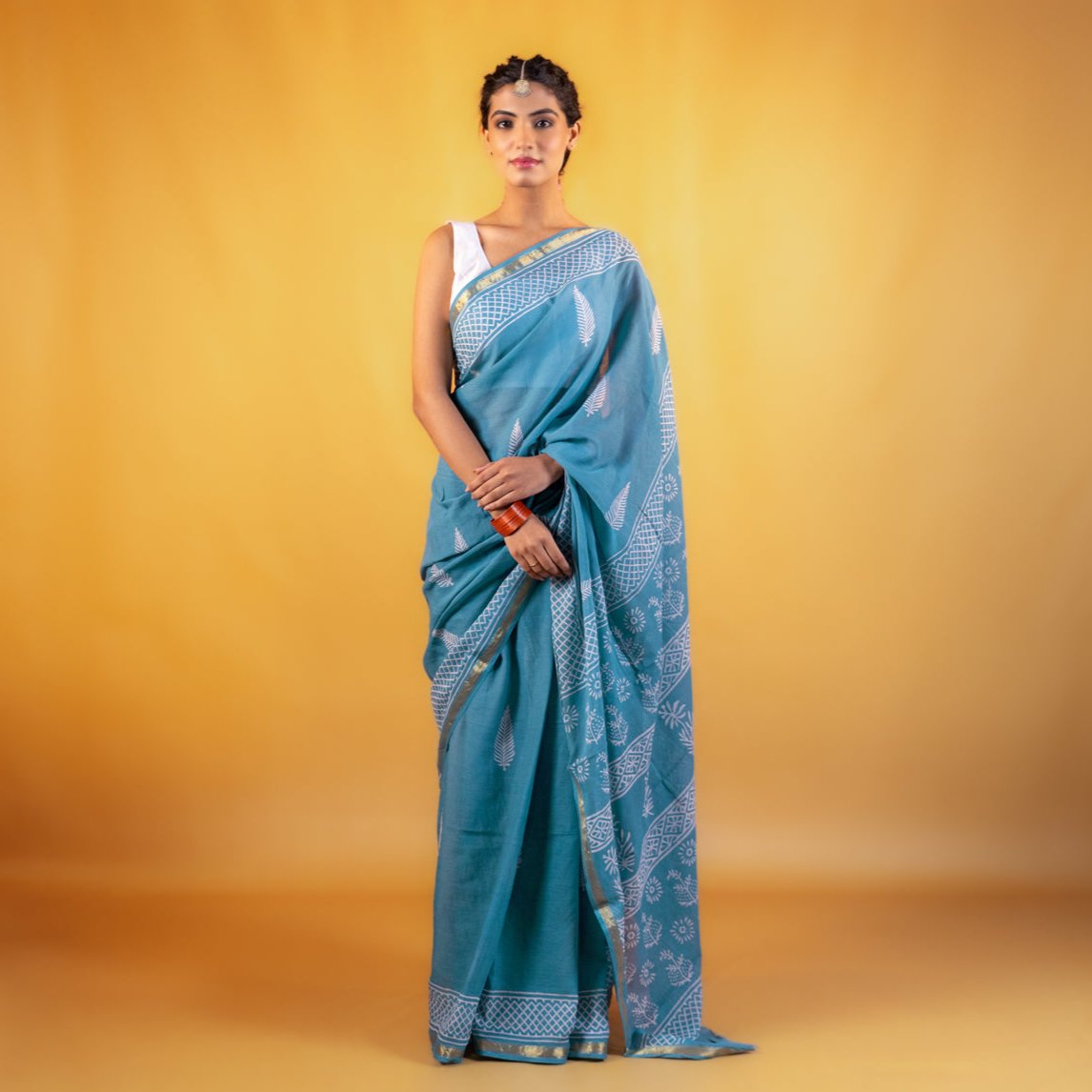 Neelambari Block Printed Saree with Zari border