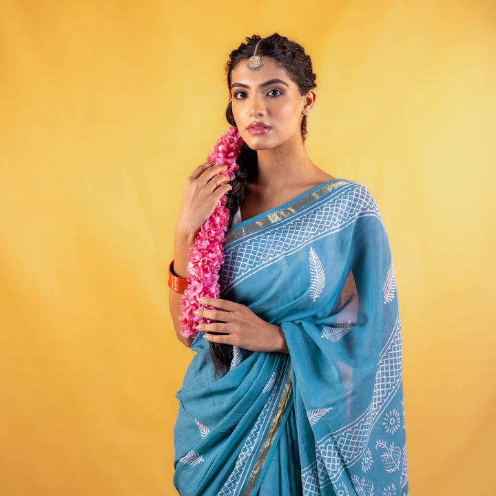 Neelambari Block Printed Saree with Zari border