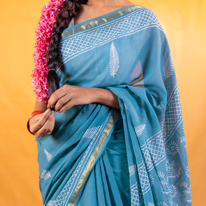 Neelambari Block Printed Saree with Zari border