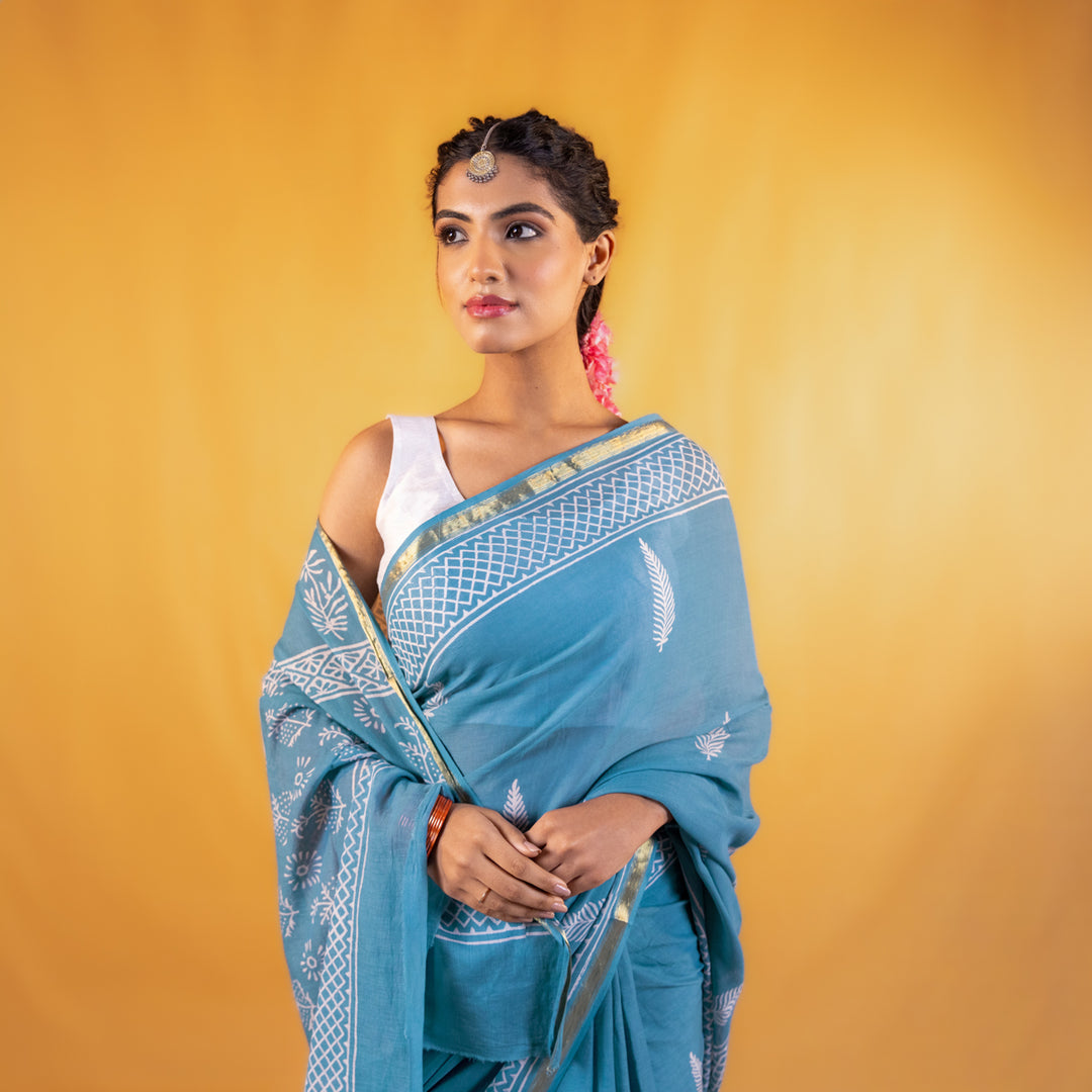 Neelambari Block Printed Saree with Zari border