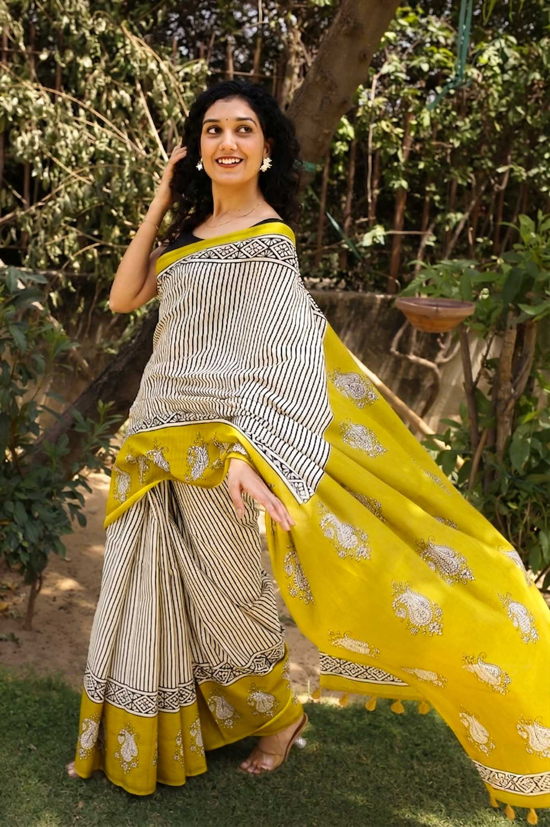 Sun n stripes Hand Block Print Mulmul Cotton Saree