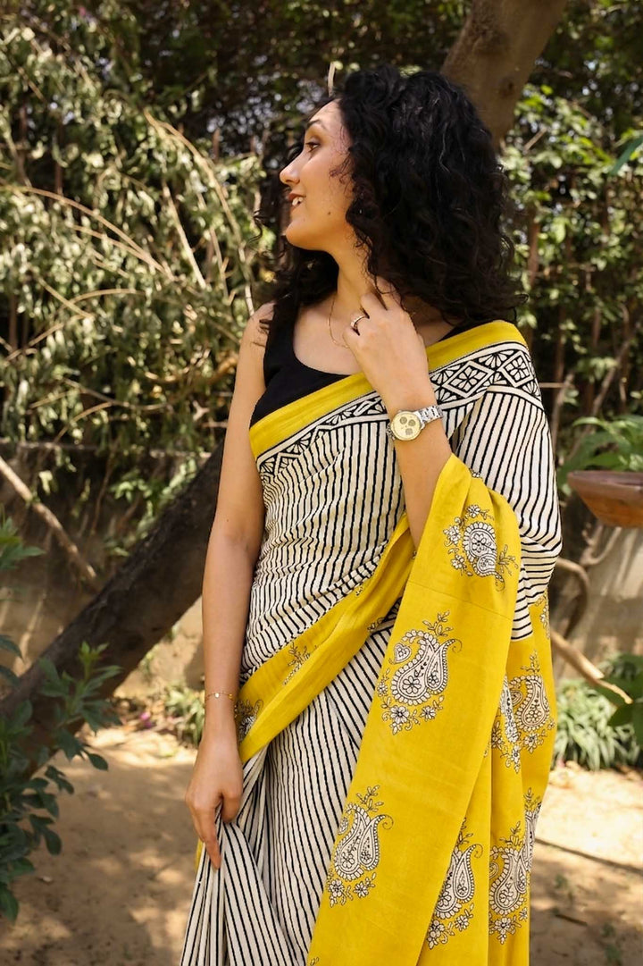 Sun n stripes Hand Block Print Mulmul Cotton Saree