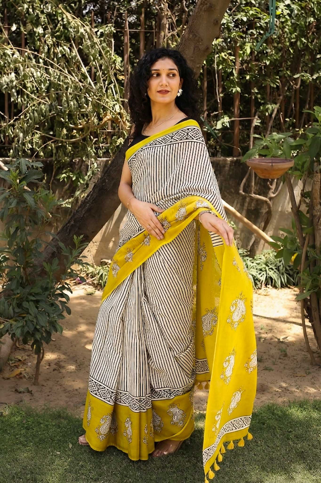 Sun n stripes Hand Block Print Mulmul Cotton Saree