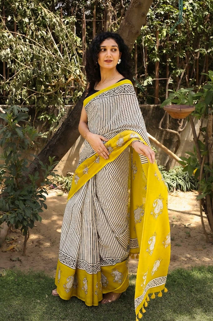 Sun n stripes Hand Block Print Mulmul Cotton Saree