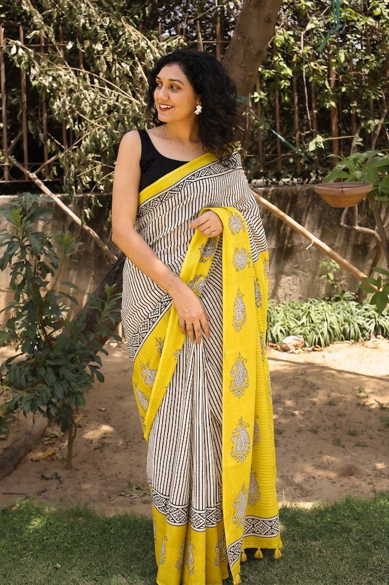 Sun n stripes Hand Block Print Mulmul Cotton Saree
