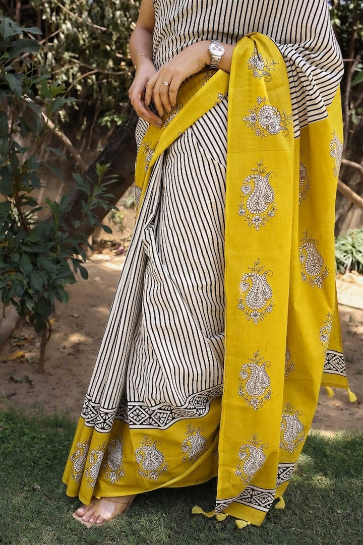 Sun n stripes Hand Block Print Mulmul Cotton Saree