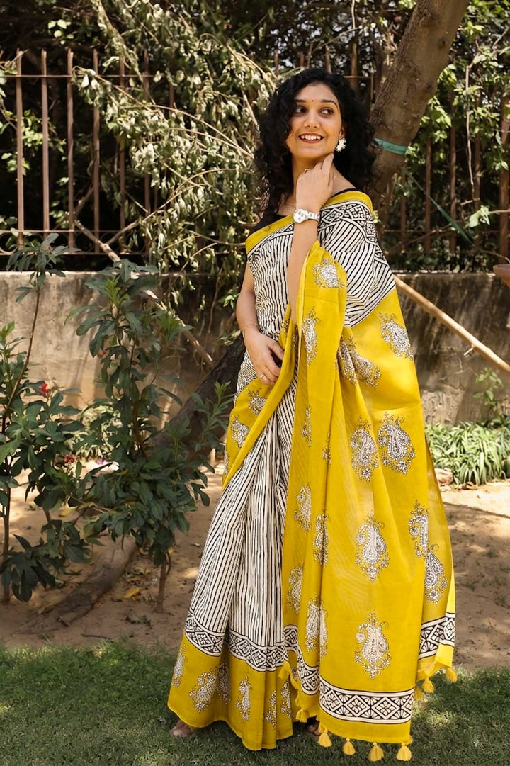 Sun n stripes Hand Block Print Mulmul Cotton Saree