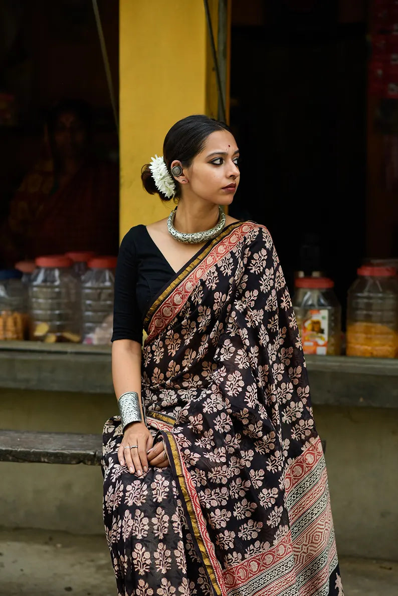 Night Blossom - Hand Block Print Chanderi Silk Bagru Saree