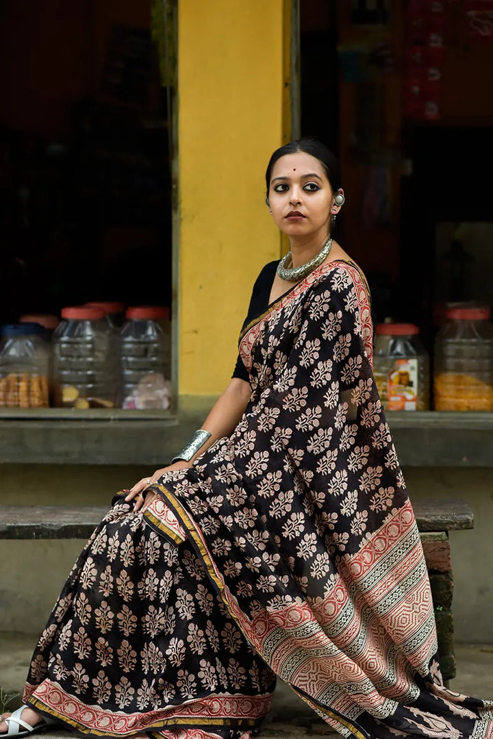 Night Blossom - Hand Block Print Chanderi Silk Bagru Saree