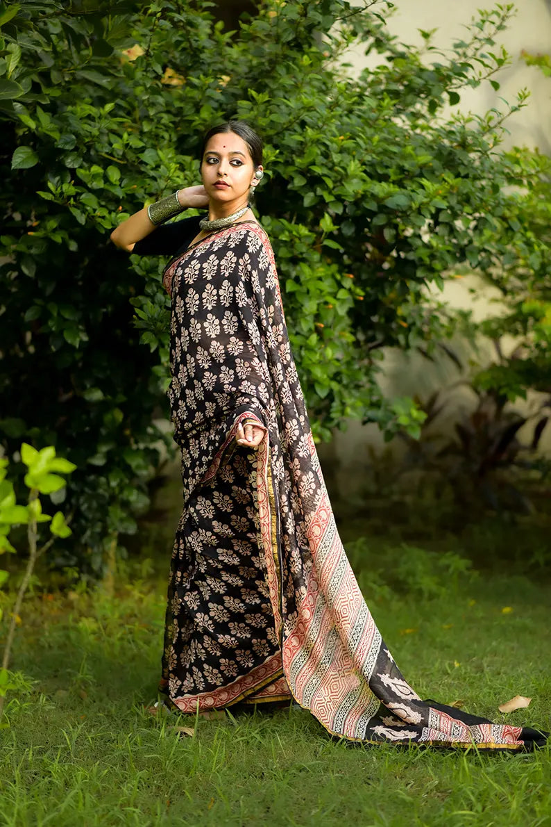 Night Blossom - Hand Block Print Chanderi Silk Bagru Saree