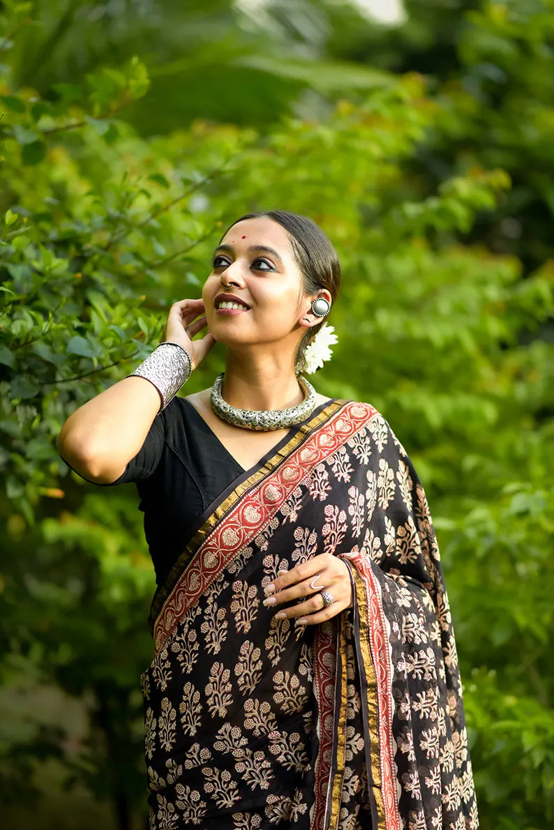 Night Blossom - Hand Block Print Chanderi Silk Bagru Saree