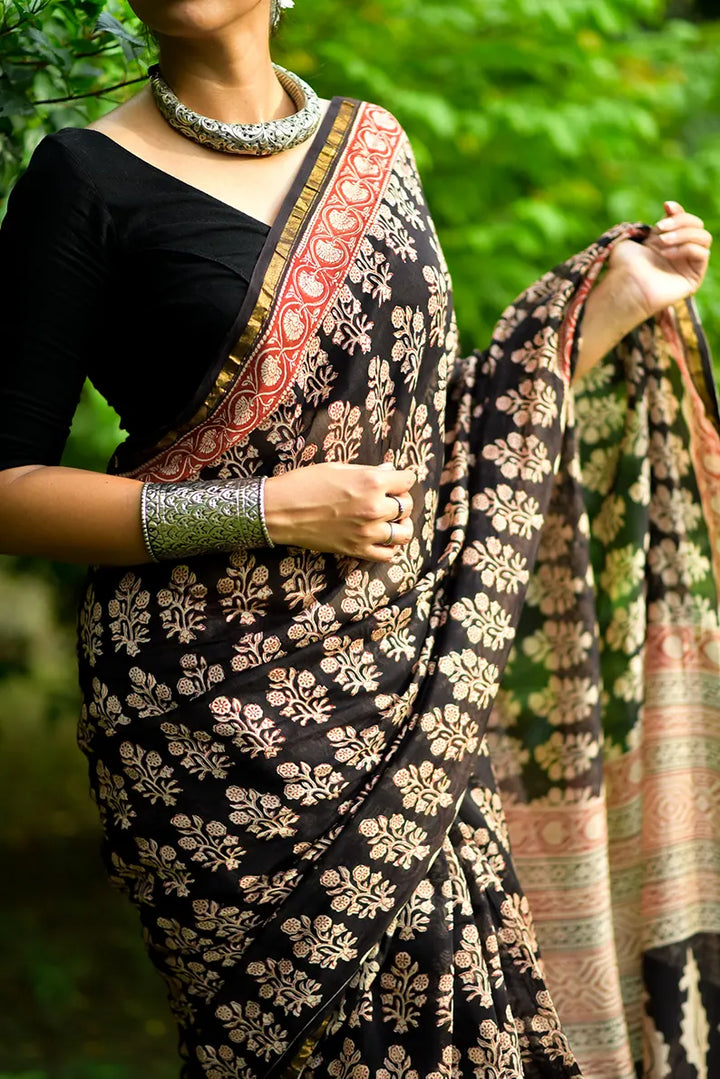 Night Blossom - Hand Block Print Chanderi Silk Bagru Saree