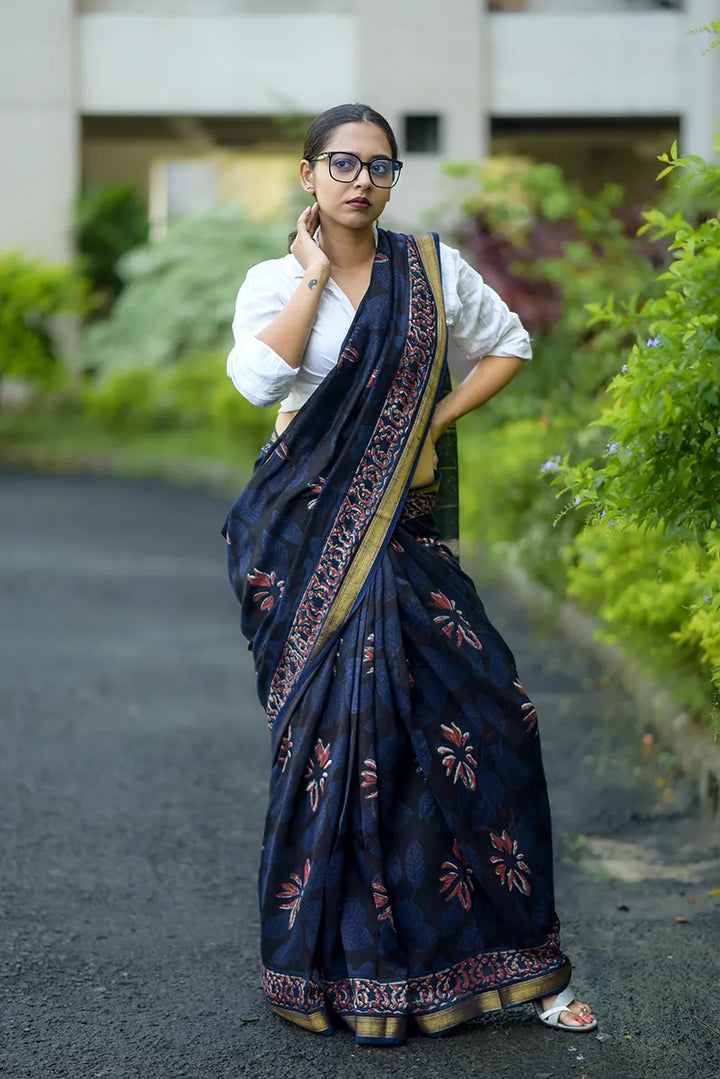 Night in my Garden - Hand Block Print Maheshwari Silk Saree