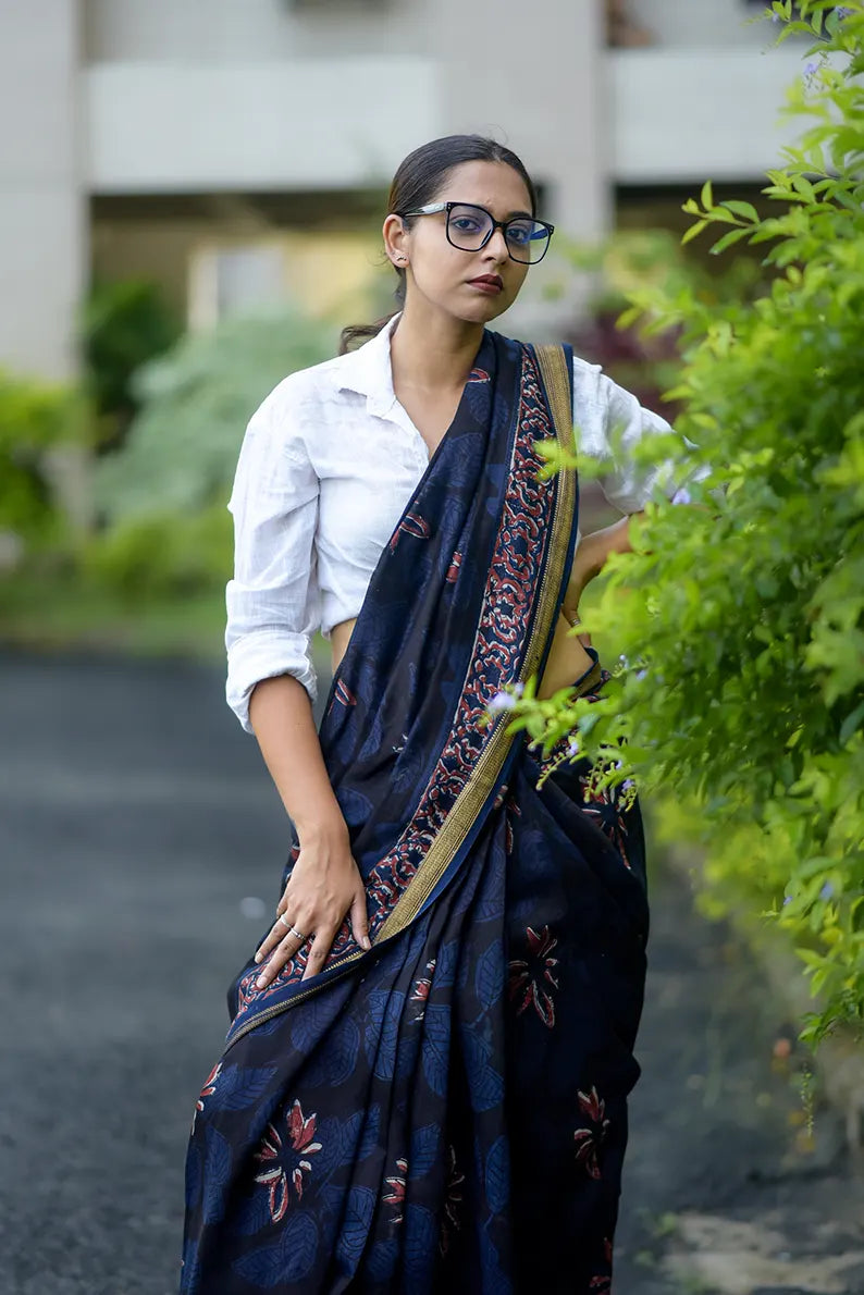 Night in my Garden - Hand Block Print Maheshwari Silk Saree