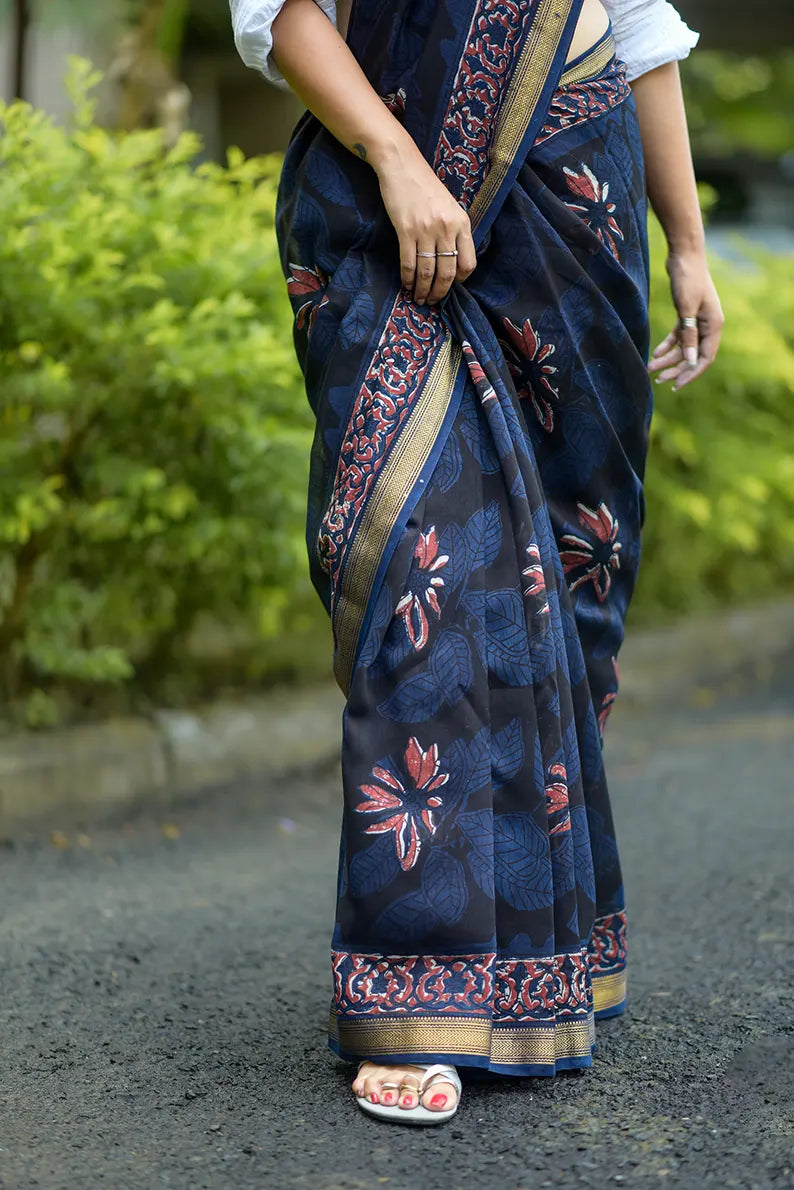 Night in my Garden - Hand Block Print Maheshwari Silk Saree