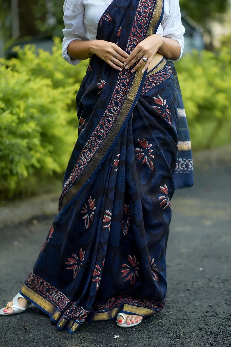 Night in my Garden - Hand Block Print Maheshwari Silk Saree