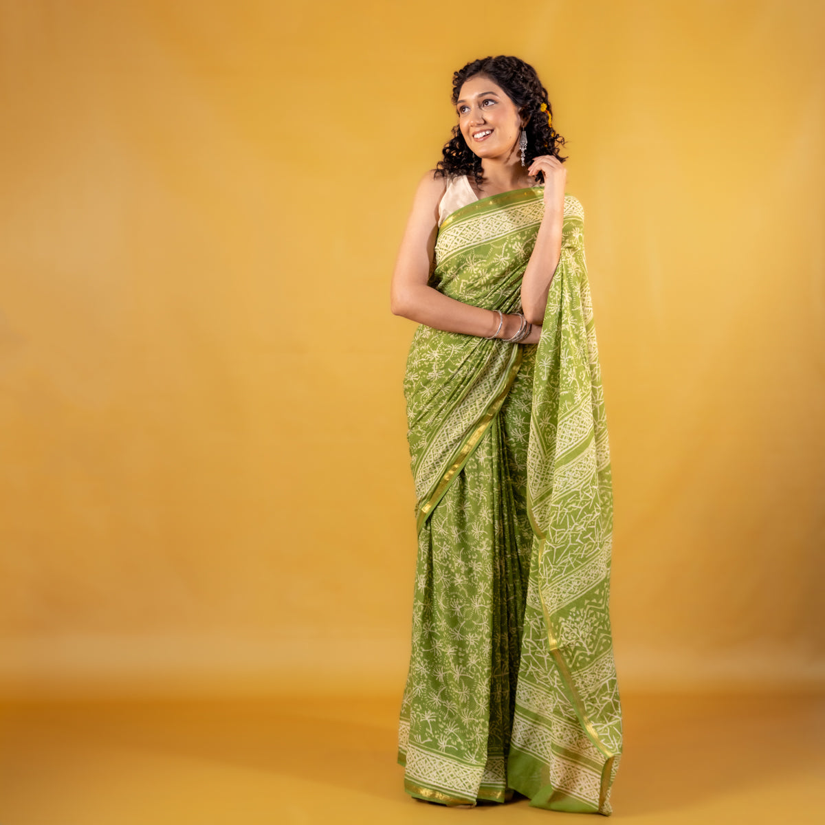 Pallavi Block Printed Cotton Saree with Zari Border Moora