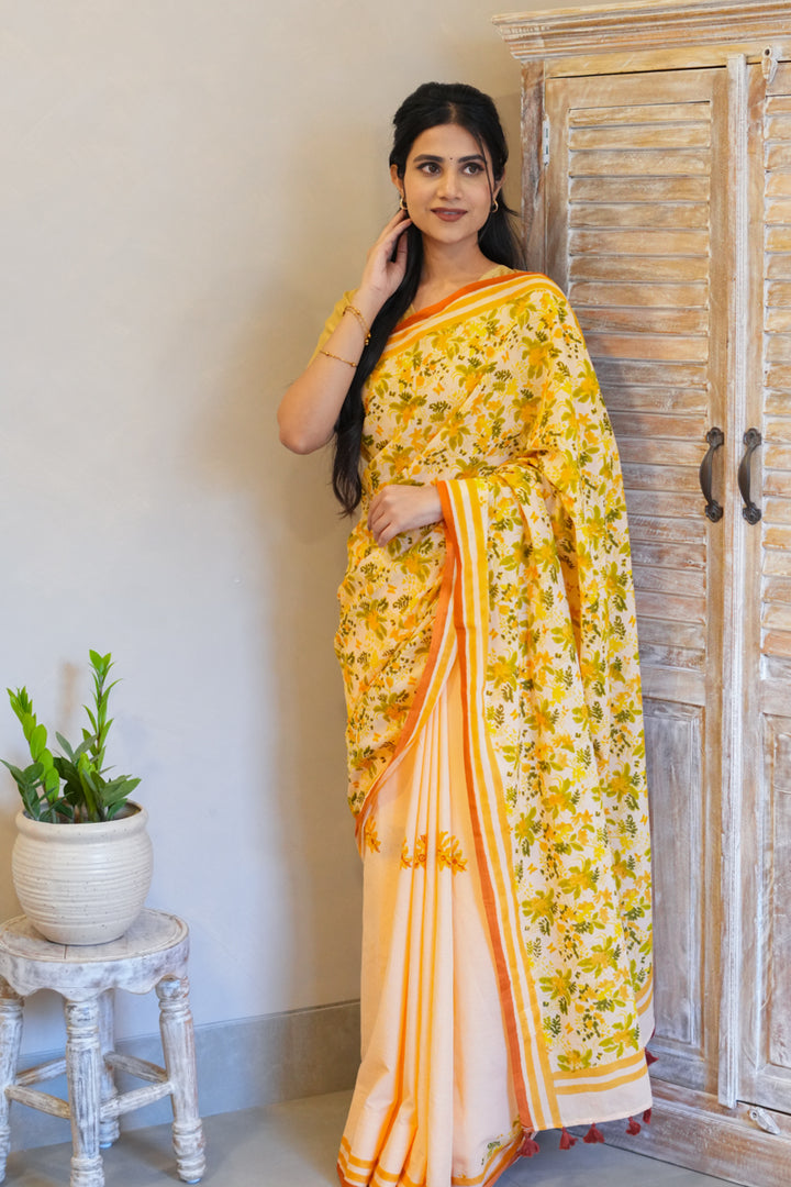 Peach Blooms Hand Block Print Mulmul Cotton Saree