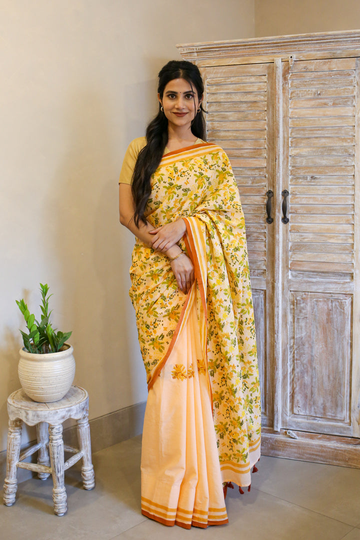Peach Blooms Hand Block Print Mulmul Cotton Saree
