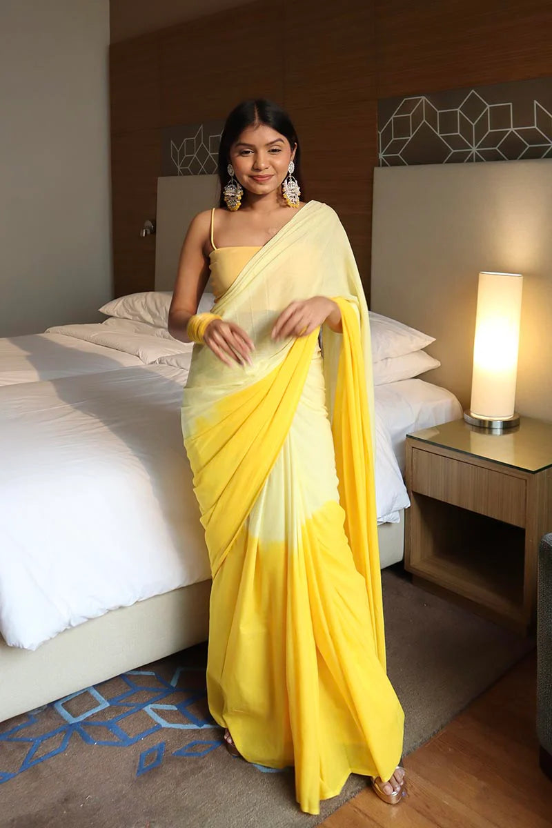Golden hour - Mulmul Cotton Pre-stitched Ready to Wear Saree with Pocket