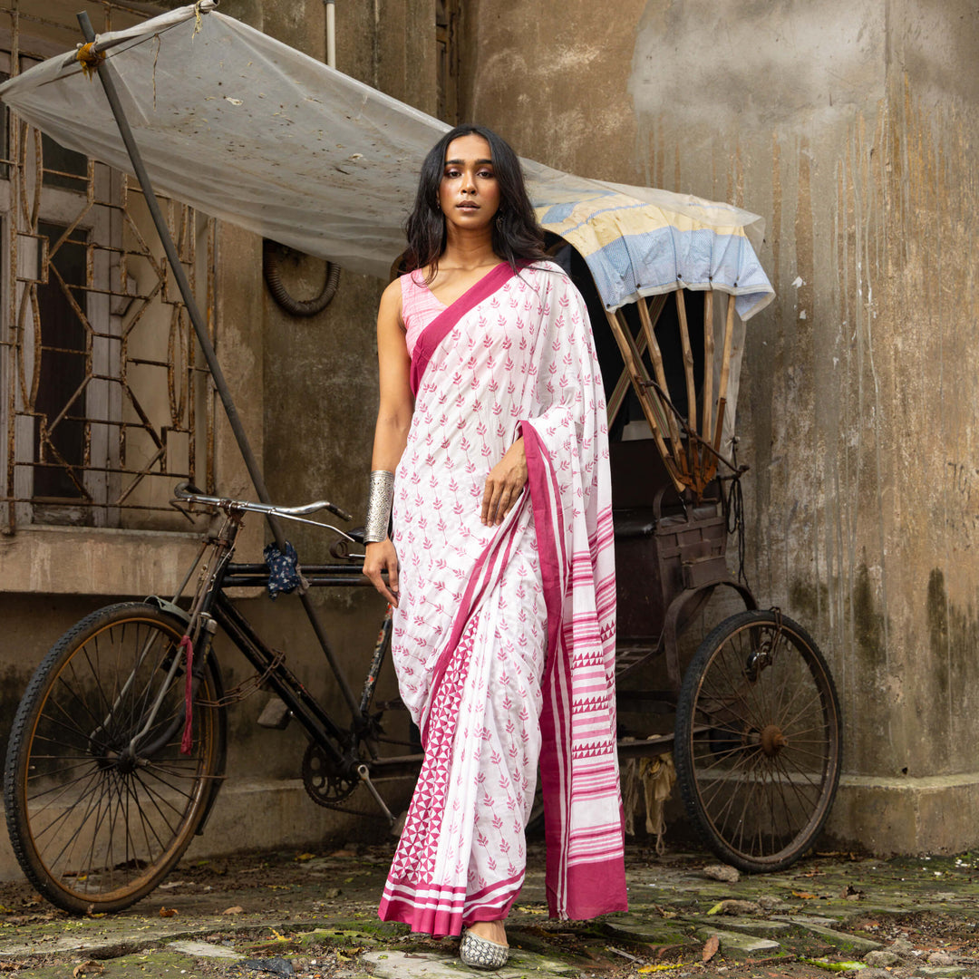 Pink Alley - Mul Cotton Hand Block Printed Saree