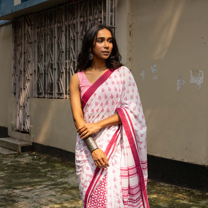 Pink Alley - Mul Cotton Hand Block Printed Saree