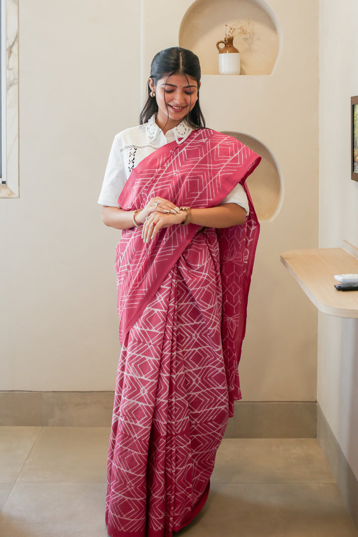 Pink Array Batik Mulmul Cotton Saree