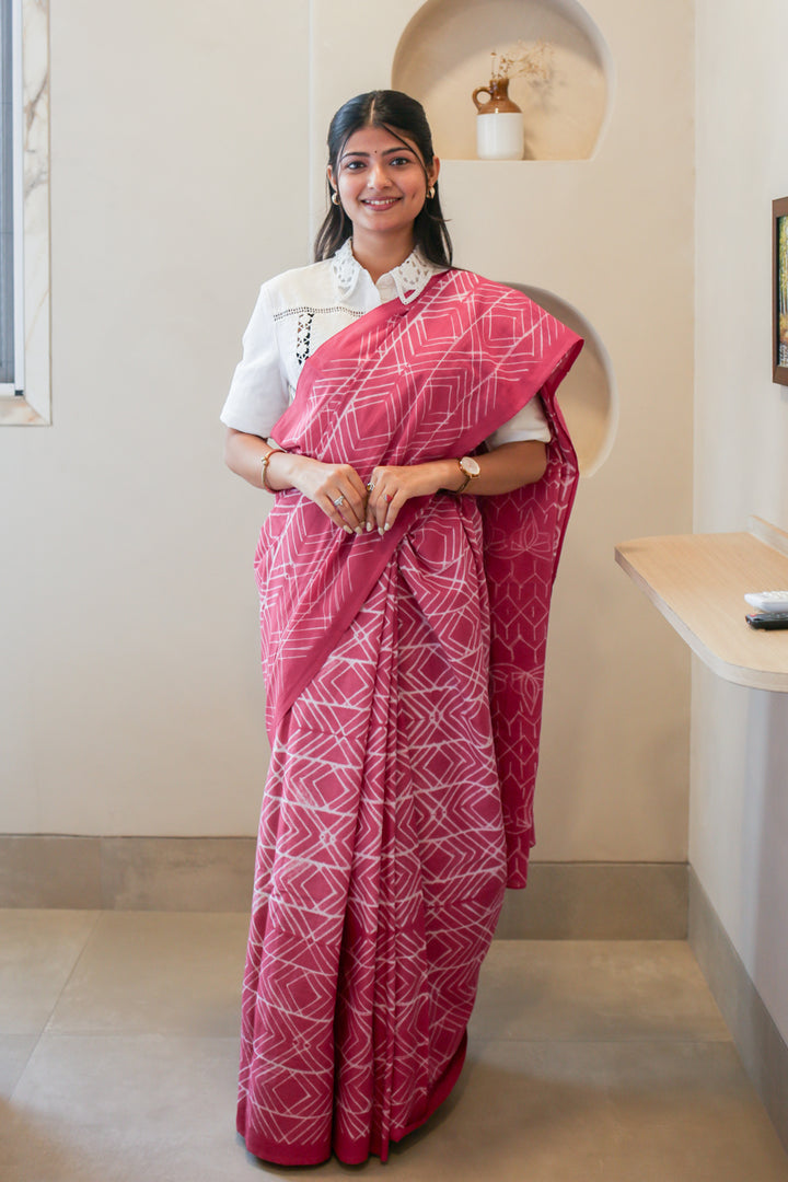 Pink Array Batik Mulmul Cotton Saree