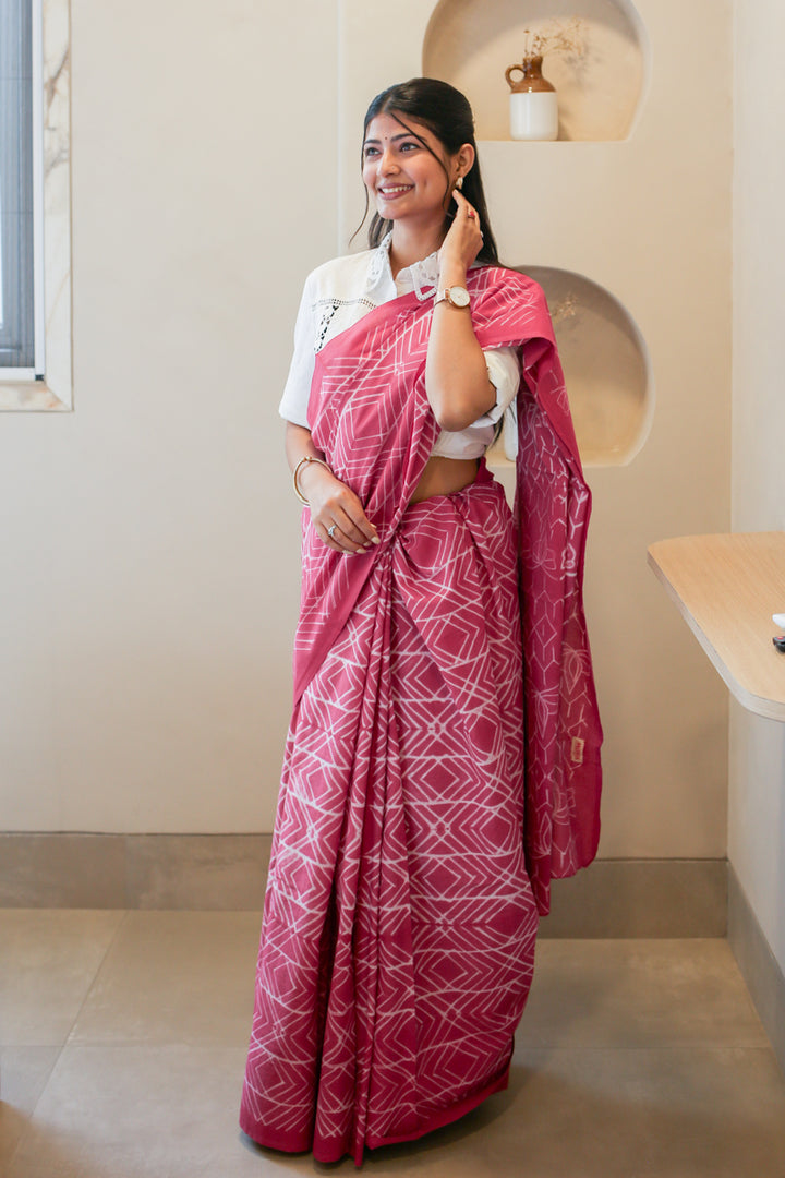Pink Array Batik Mulmul Cotton Saree