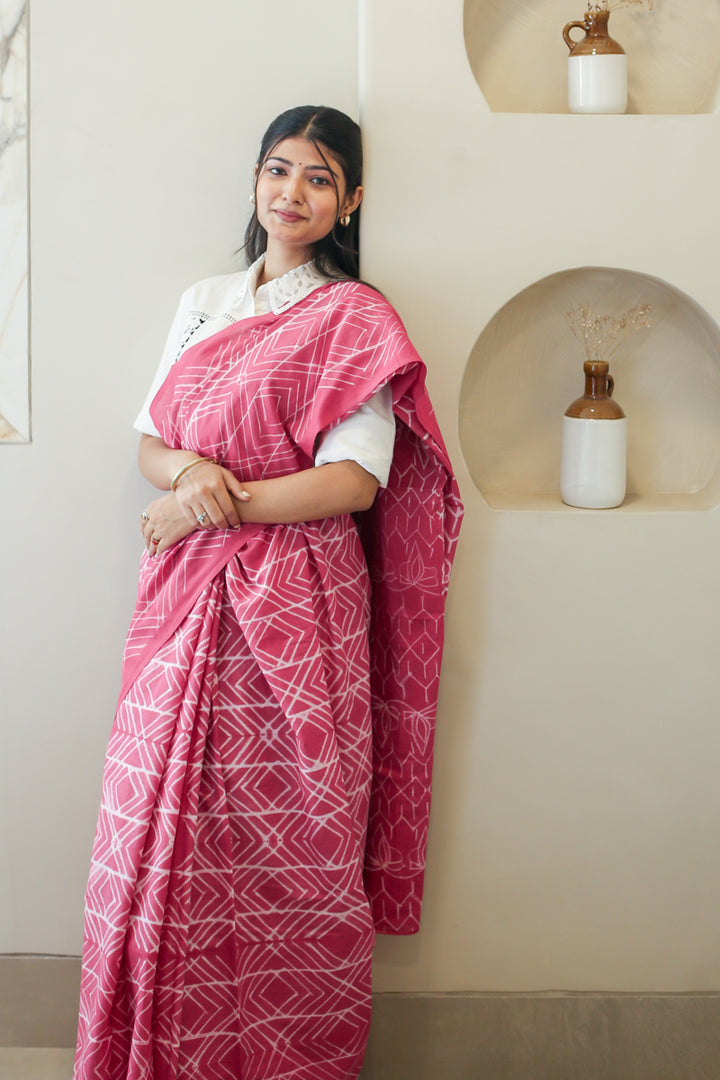 Pink Array Batik Mulmul Cotton Saree