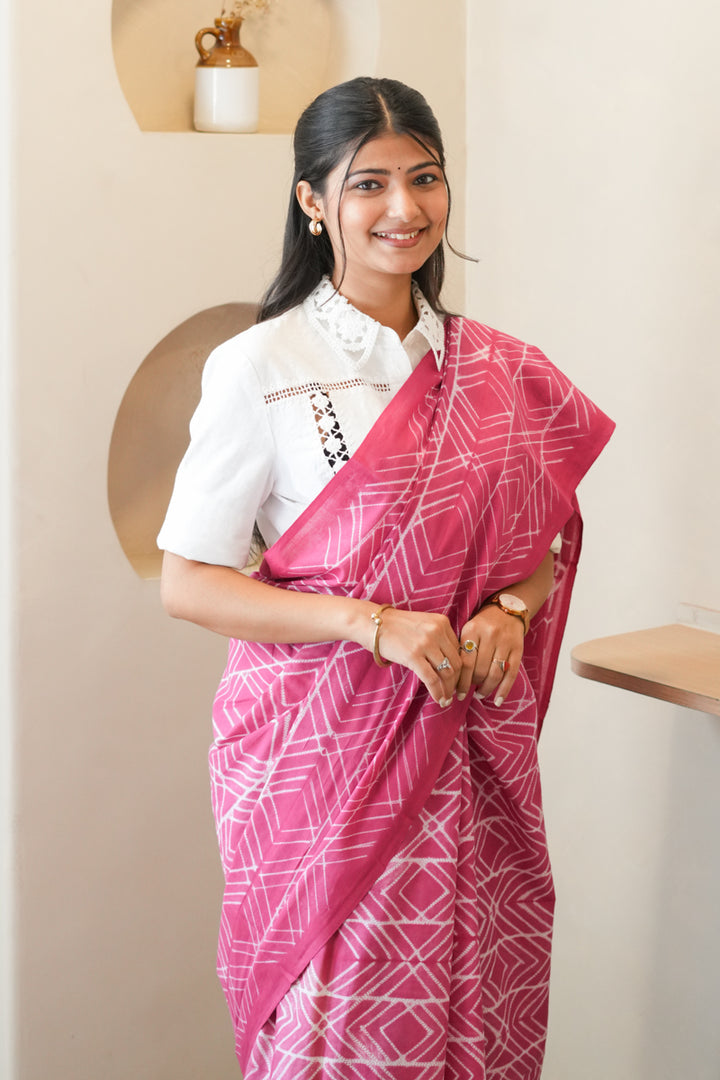 Pink Array Batik Mulmul Cotton Saree