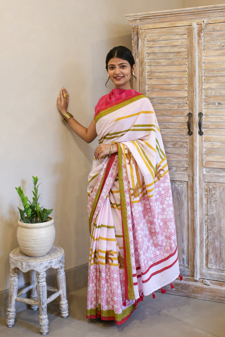 Pink Daydreams Hand Block Print Mulmul Cotton Saree