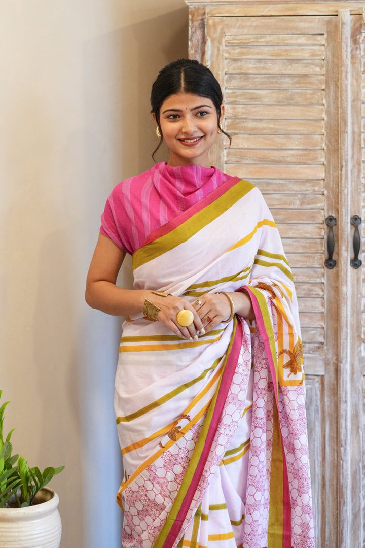 Pink Daydreams Hand Block Print Mulmul Cotton Saree