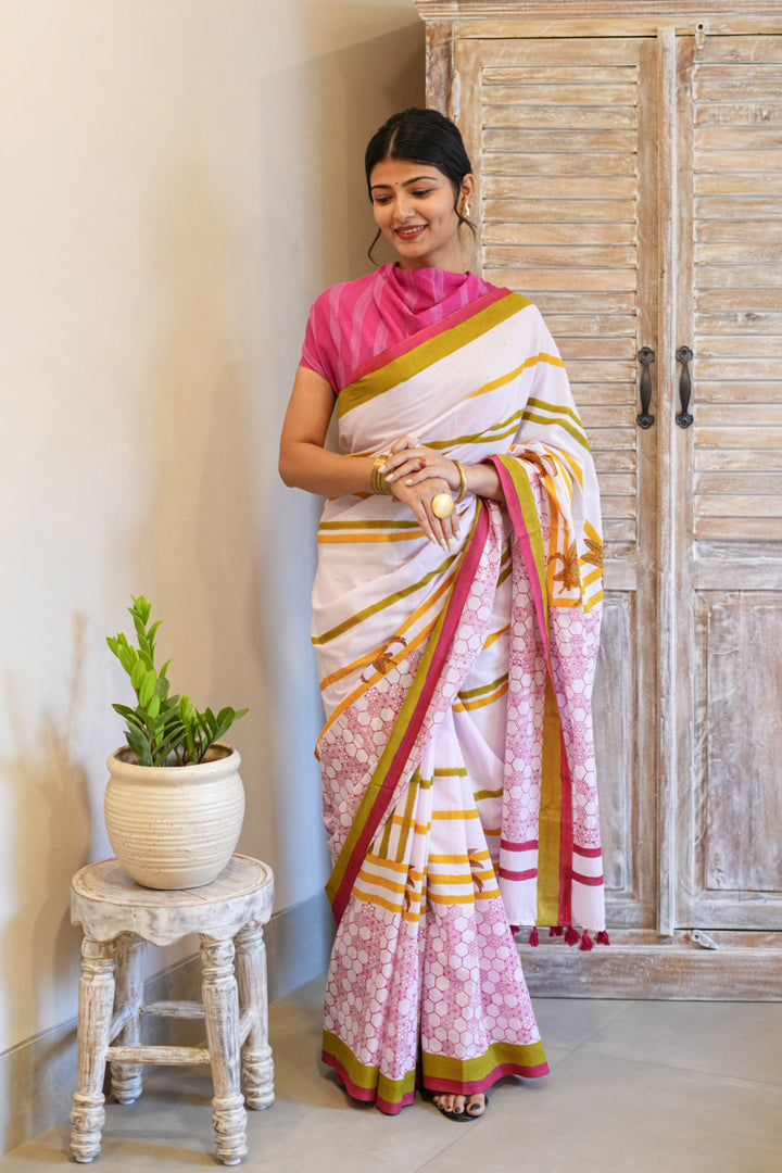 Pink Daydreams Hand Block Print Mulmul Cotton Saree