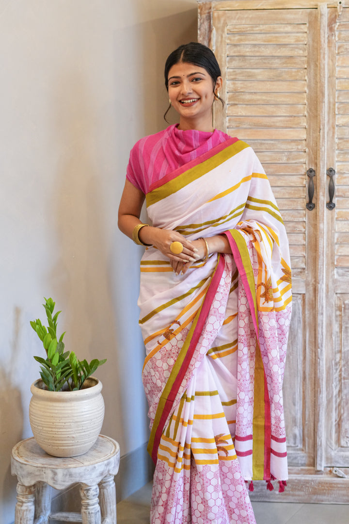 Pink Daydreams Hand Block Print Mulmul Cotton Saree