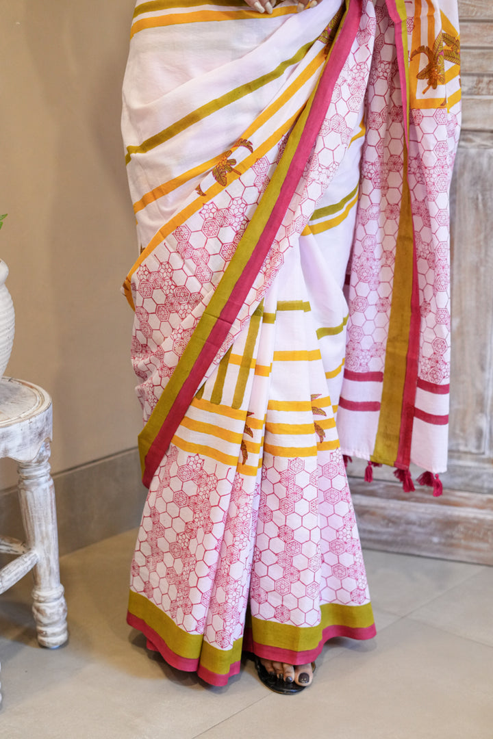 Pink Daydreams Hand Block Print Mulmul Cotton Saree