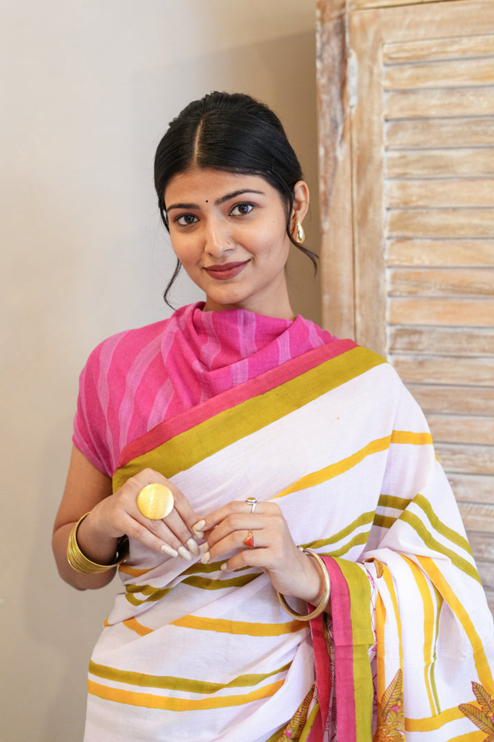 Pink Daydreams Hand Block Print Mulmul Cotton Saree