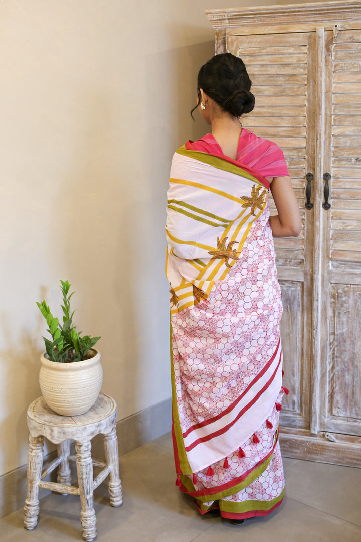 Pink Daydreams Hand Block Print Mulmul Cotton Saree