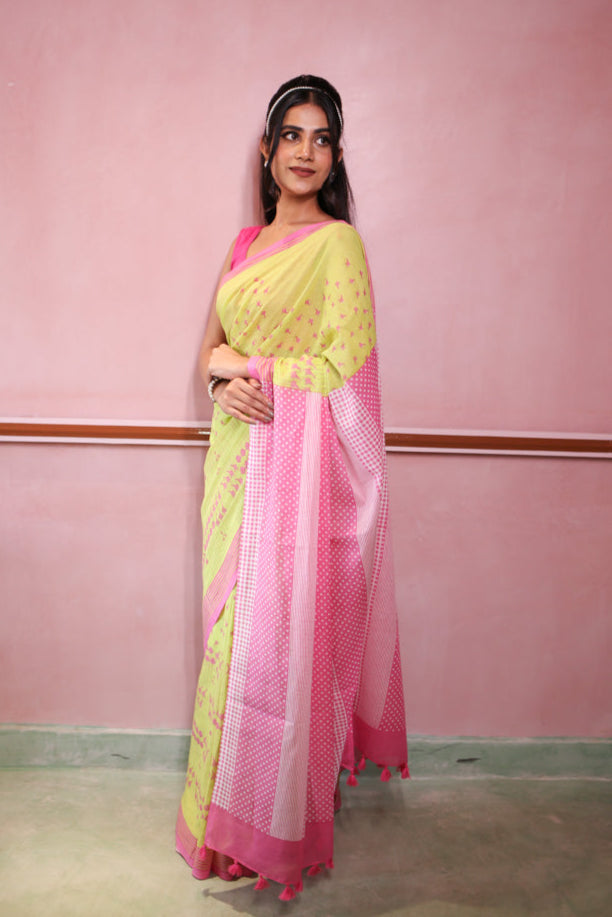 Pink Lemonade Printed Mulmul Cotton Saree