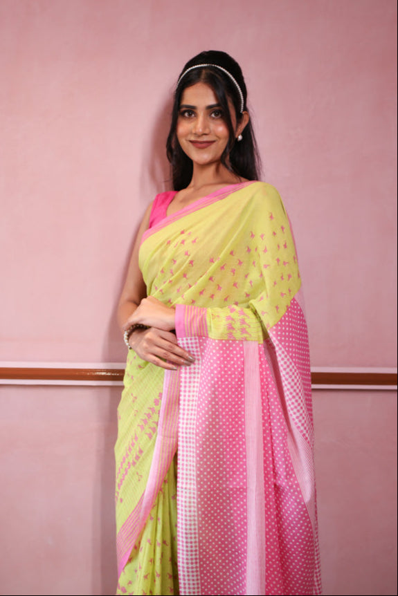 Pink Lemonade Printed Mulmul Cotton Saree
