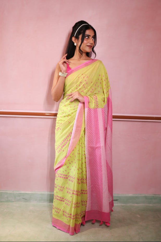 Pink Lemonade Printed Mulmul Cotton Saree