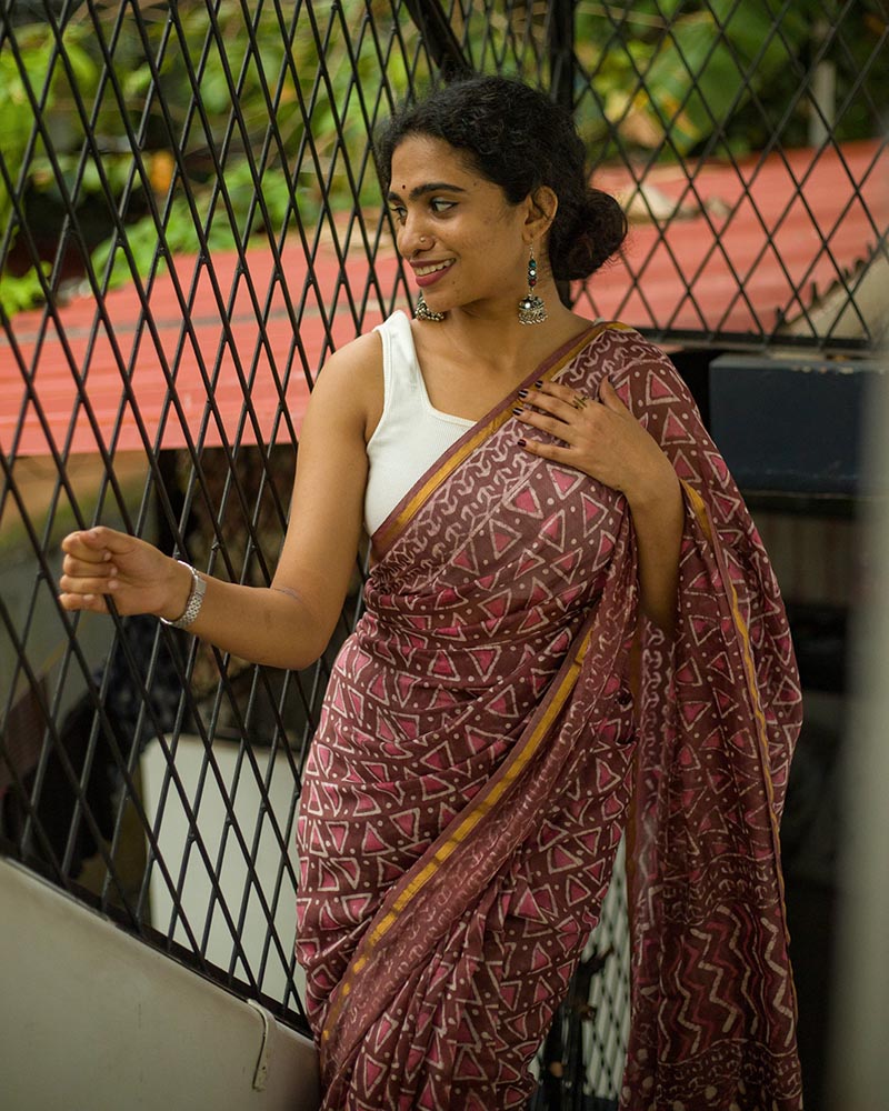 Pink nostalgia - Hand Block Print Chanderi Silk Bagru Saree