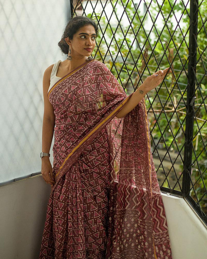 Pink nostalgia - Hand Block Print Chanderi Silk Bagru Saree